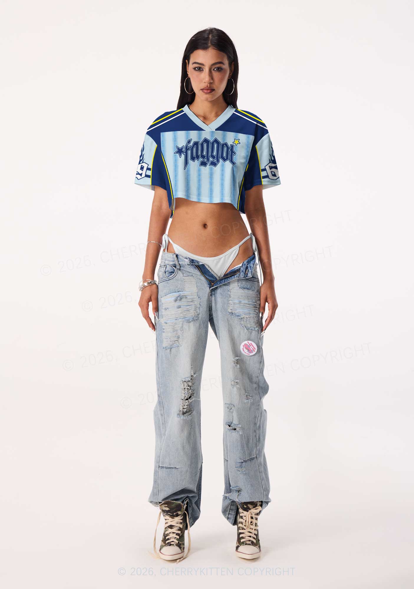 Blue Stripes Faggot Pride Y2K Crop Sport Jersey Shirts Cherrykitten
