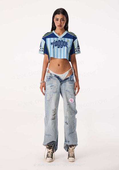 Blue Stripes Faggot Pride Y2K Crop Sport Jersey Shirts Cherrykitten
