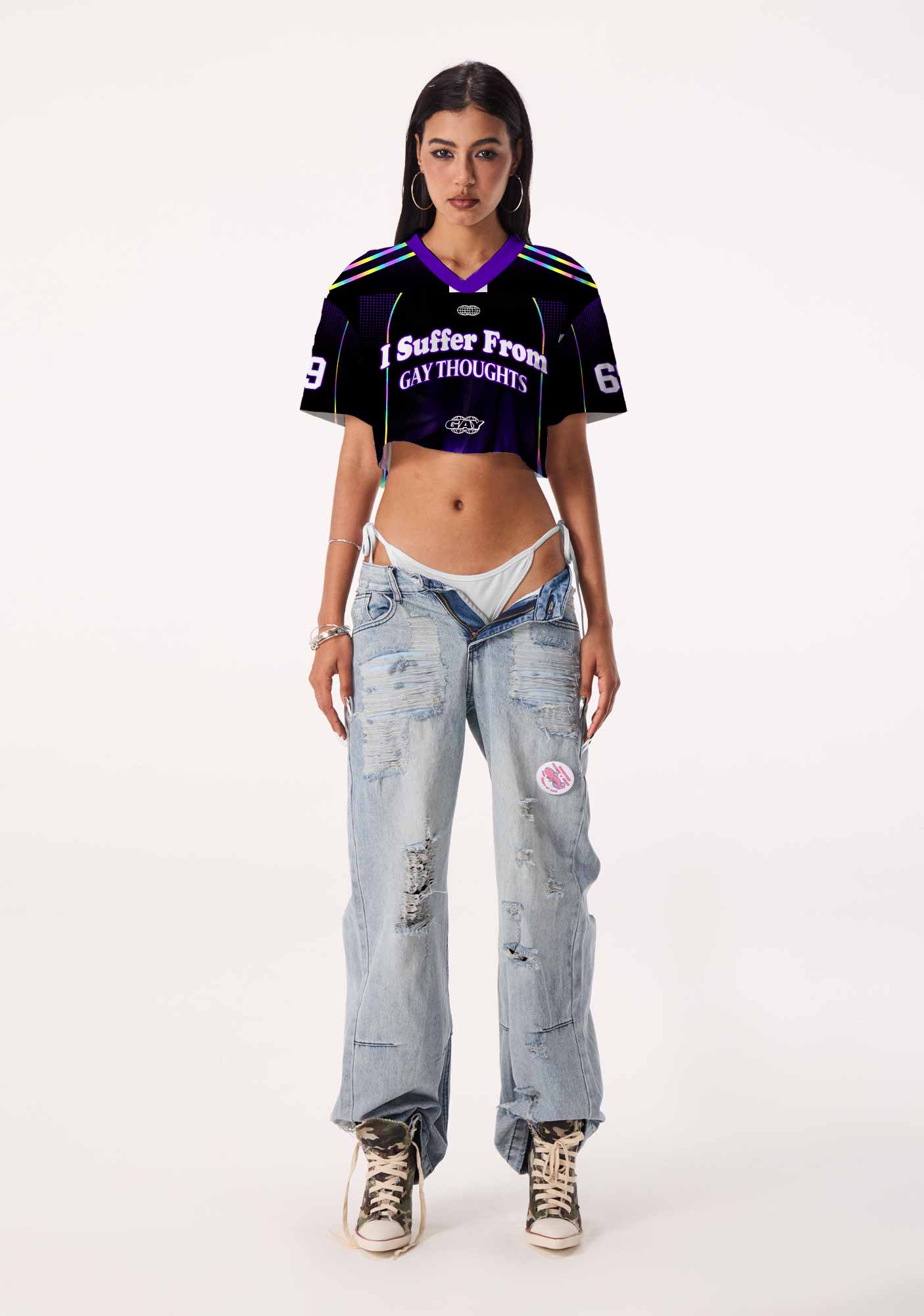 Purple Suffer From Gay Thoughts Pride Y2K Crop Sport Jersey Shirts Cherrykitten