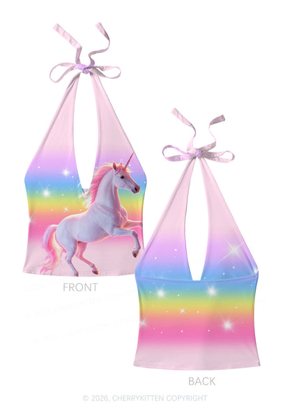 Rainbow Gradient Unicorn Y2K Print Halter Deep V Neck Cami Cherrykitten