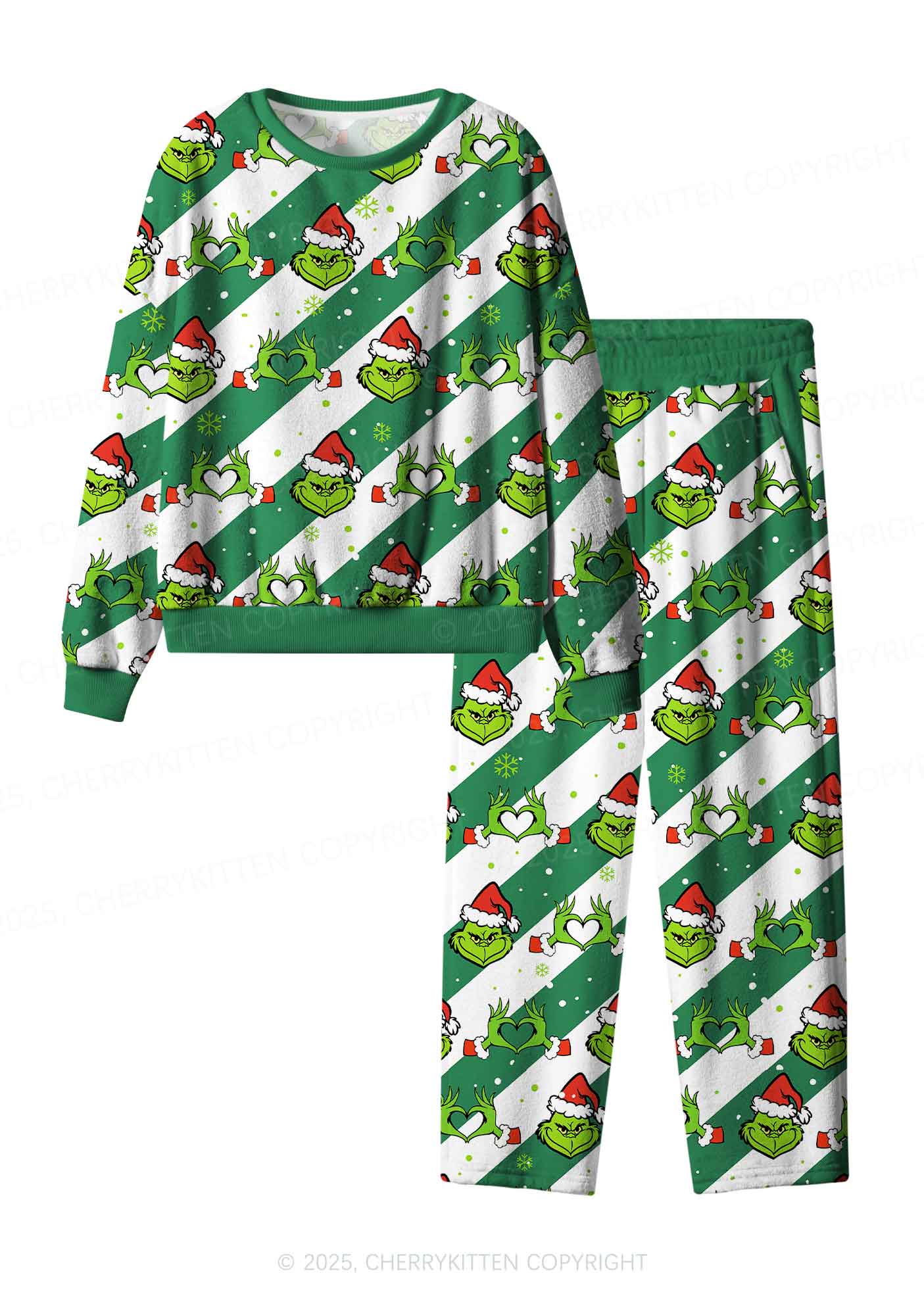 Christmas Hand Heart Y2K Fleece Long Sleeve Pajama Set Cherrykitten