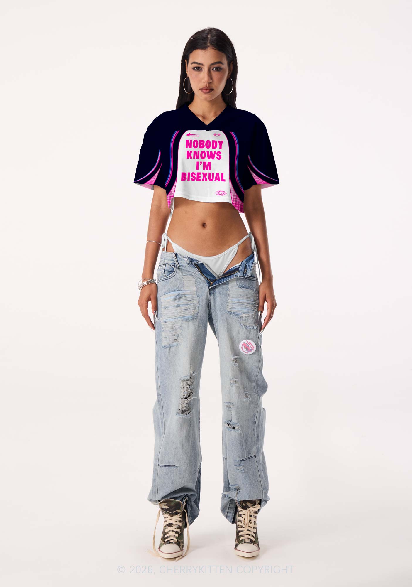 Nobody Knows Im Bisexual Pride Y2K Crop Sport Jersey Shirts Cherrykitten