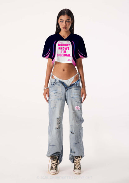 Nobody Knows Im Bisexual Pride Y2K Crop Sport Jersey Shirts Cherrykitten