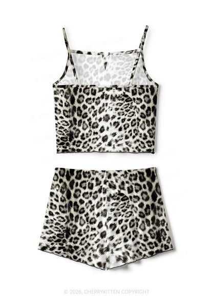 Snow Leopard Y2K Print Cami Shorts Pajama Set Cherrykitten
