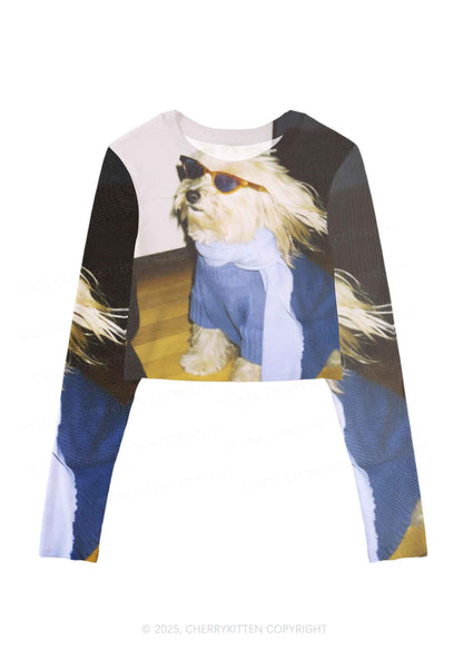 Sunglasses Puppy Y2K Mesh Long Sleeve Crop Top Cherrykitten