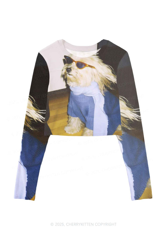 Sunglasses Puppy Y2K Mesh Long Sleeve Crop Top Cherrykitten