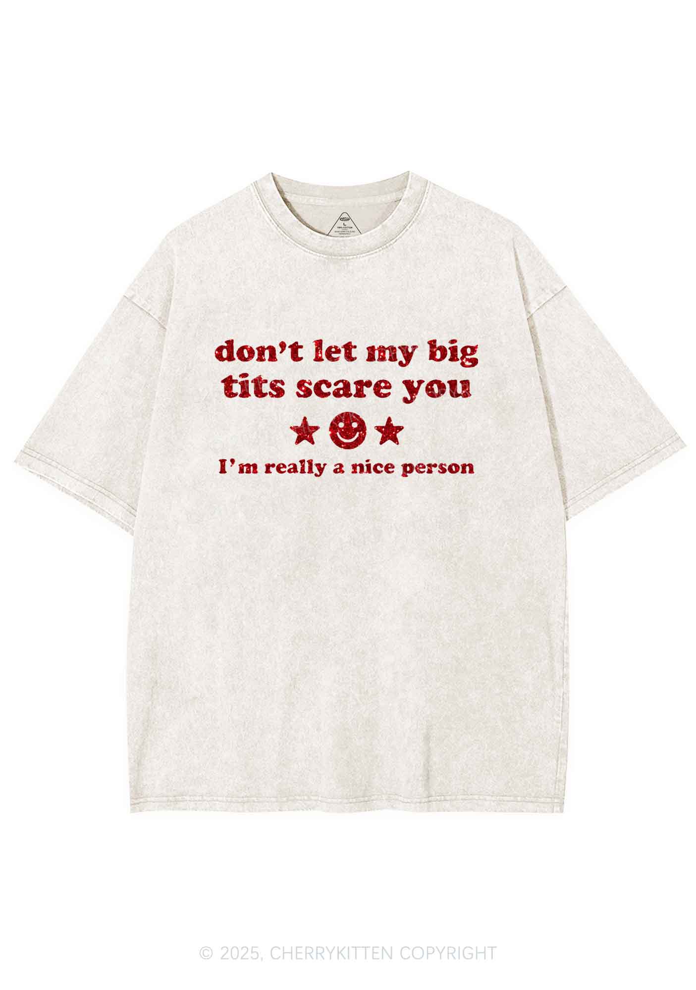 Glitter Dont Let My Big Txts Scare You Y2K Shirts Washed Tee Cherrykitten