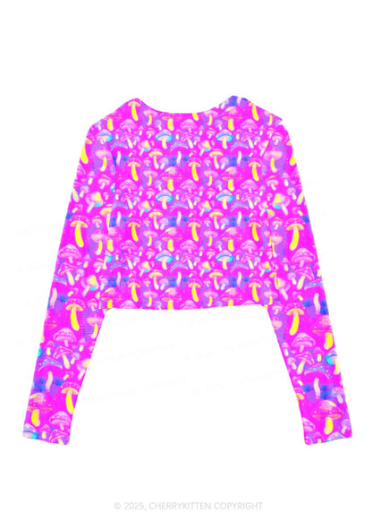 Trippy Mushrooms Y2K Mesh Long Sleeve Crop Top Cherrykitten