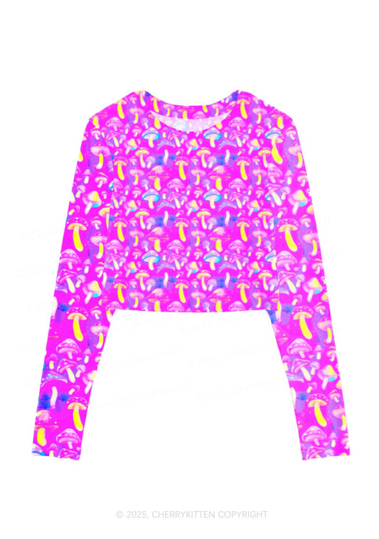 Trippy Mushrooms Y2K Mesh Long Sleeve Crop Top Cherrykitten