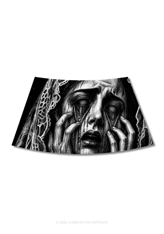 Halloween Veiled Crying Woman Y2K Print Mini Skirt Cherrykitten