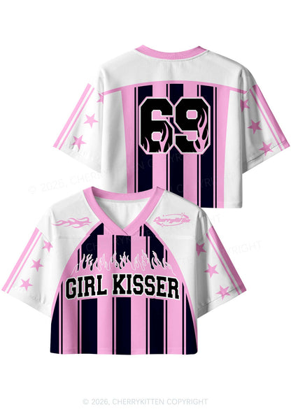 Girl Kisser Pink And Black Stripes Pride Y2K Crop Sport Jersey Shirts Cherrykitten