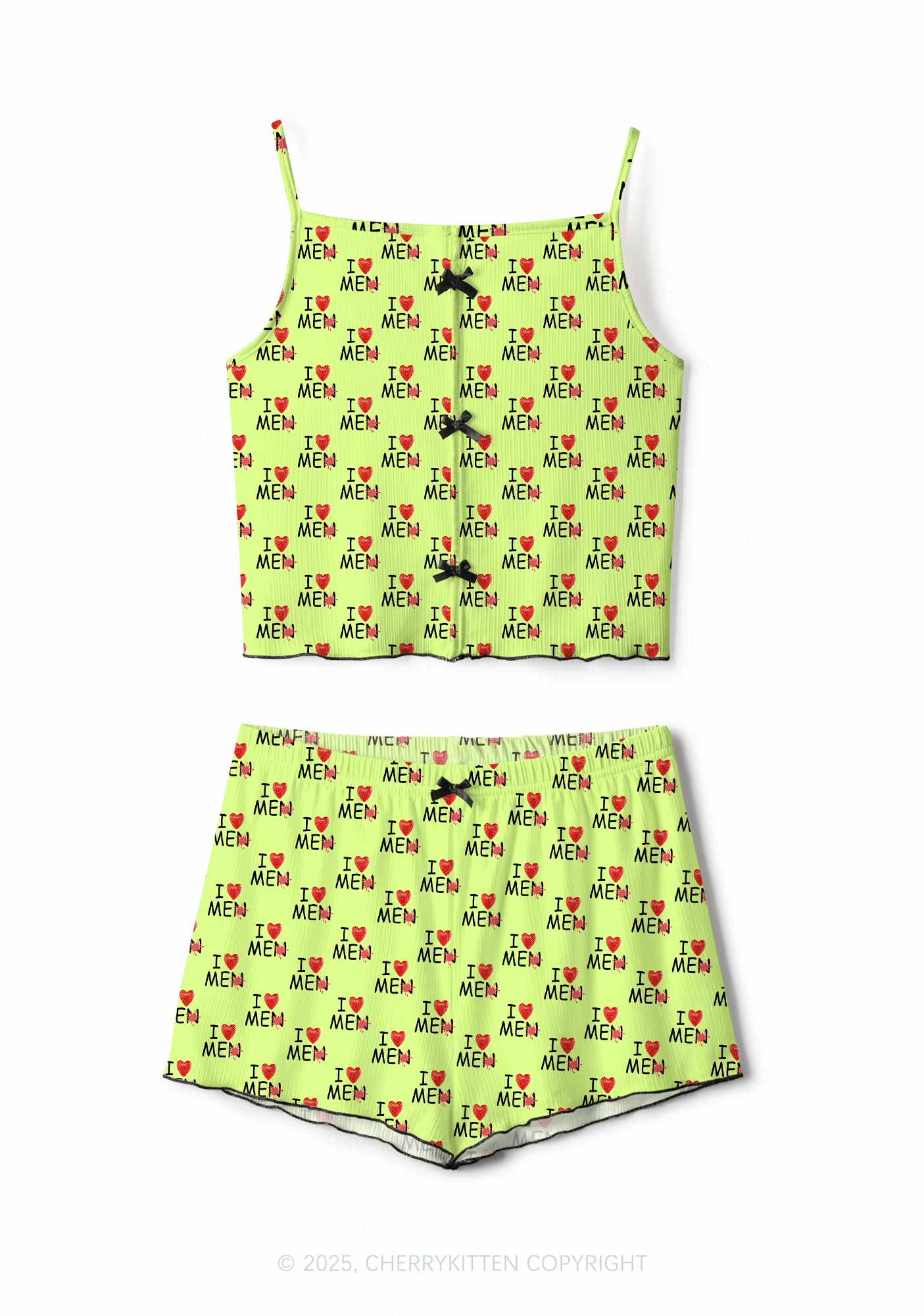 Love Me Not Men Green Valentine's Day Y2K Print Cami Shorts Pajama Set Cherrykitten
