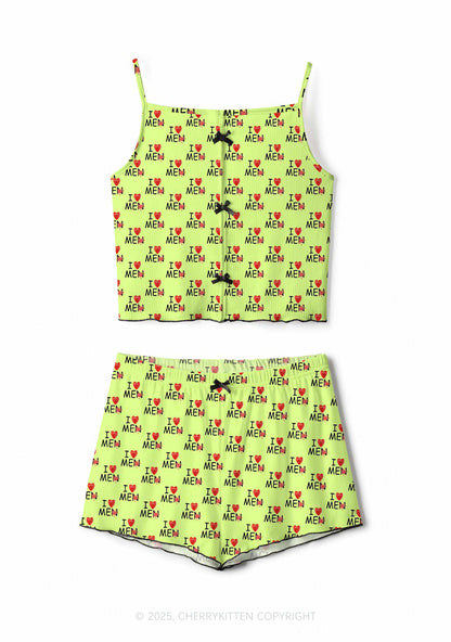 Love Me Not Men Green Valentine's Day Y2K Print Cami Shorts Pajama Set Cherrykitten