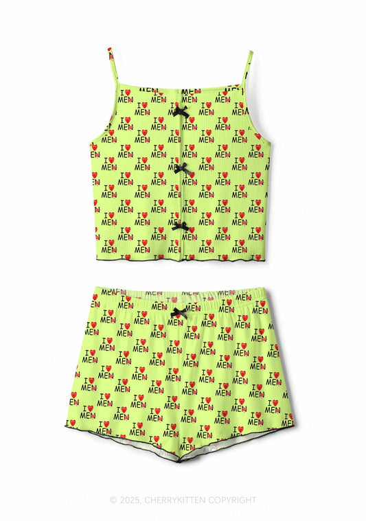 Love Me Not Men Green Valentine's Day Y2K Print Cami Shorts Pajama Set Cherrykitten