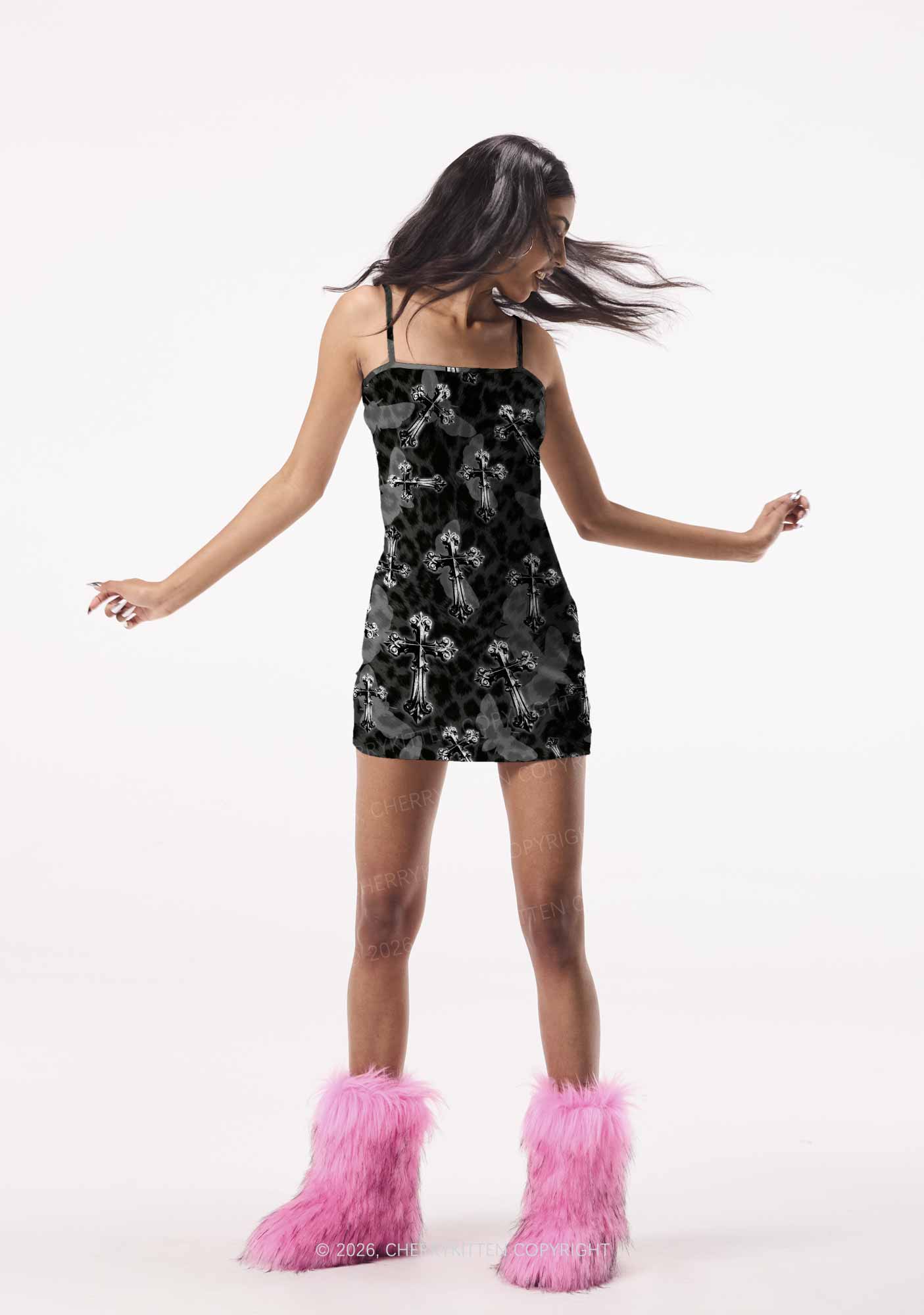 Halloween Gothic Cross Moth Leopard Y2K Print Slip Dress Cherrykitten
