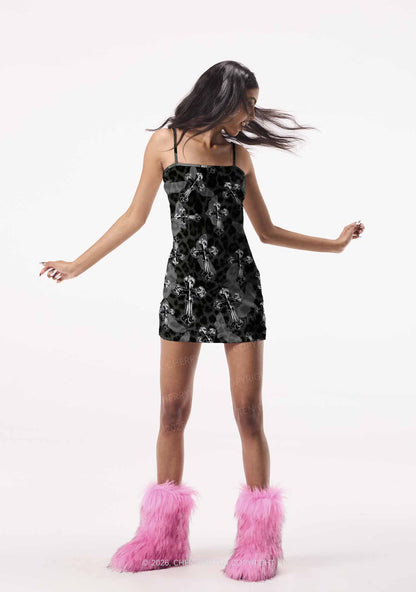 Halloween Gothic Cross Moth Leopard Y2K Print Slip Dress Cherrykitten