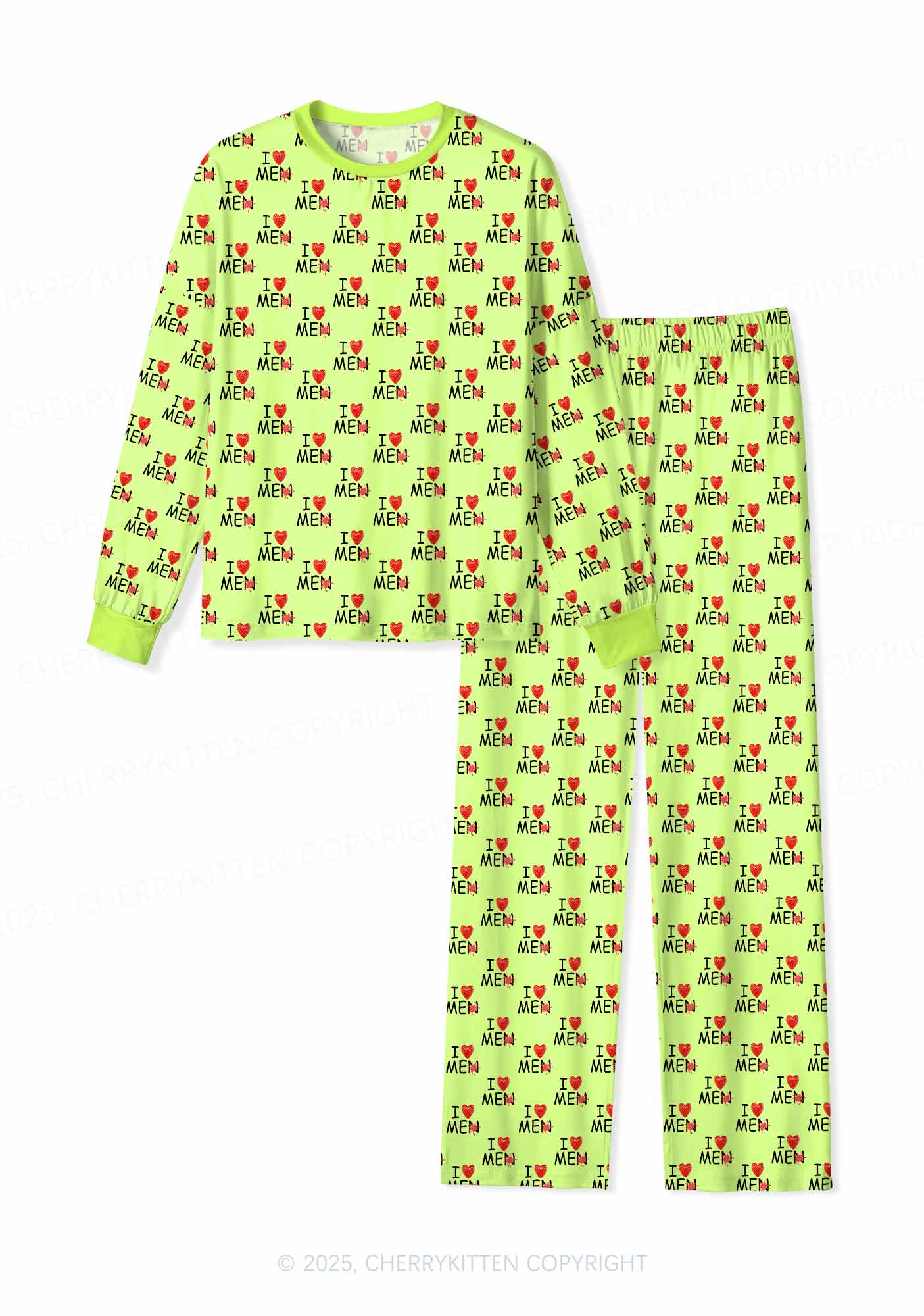 Love Me Not Men Green Valentine's Day Y2K Print Long Sleeve Pajama Set Cherrykitten