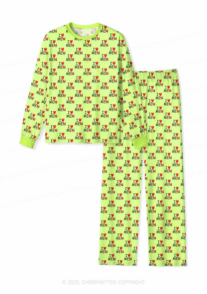 Love Me Not Men Green Valentine's Day Y2K Print Long Sleeve Pajama Set Cherrykitten