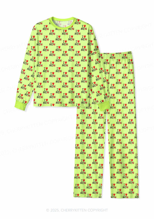 Love Me Not Men Green Valentine's Day Y2K Print Long Sleeve Pajama Set Cherrykitten