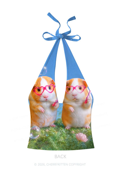 Two Smoking Guinea Pigs Y2K Print Halter Deep V Neck Cami Cherrykitten