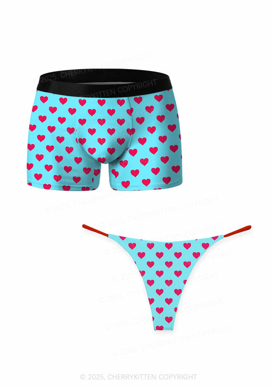 Pink Heart On Blue Valentine's Day Y2K Print Couples Boxer Thong Set Cherrykitten