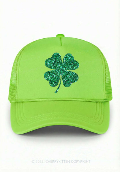 Glitter Four Leaf Clover St Patricks Y2K Trucker Hat Cherrykitten