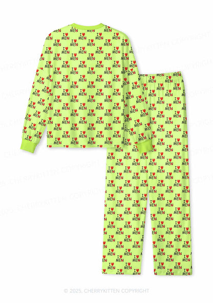 Love Me Not Men Green Valentine's Day Y2K Print Long Sleeve Pajama Set Cherrykitten