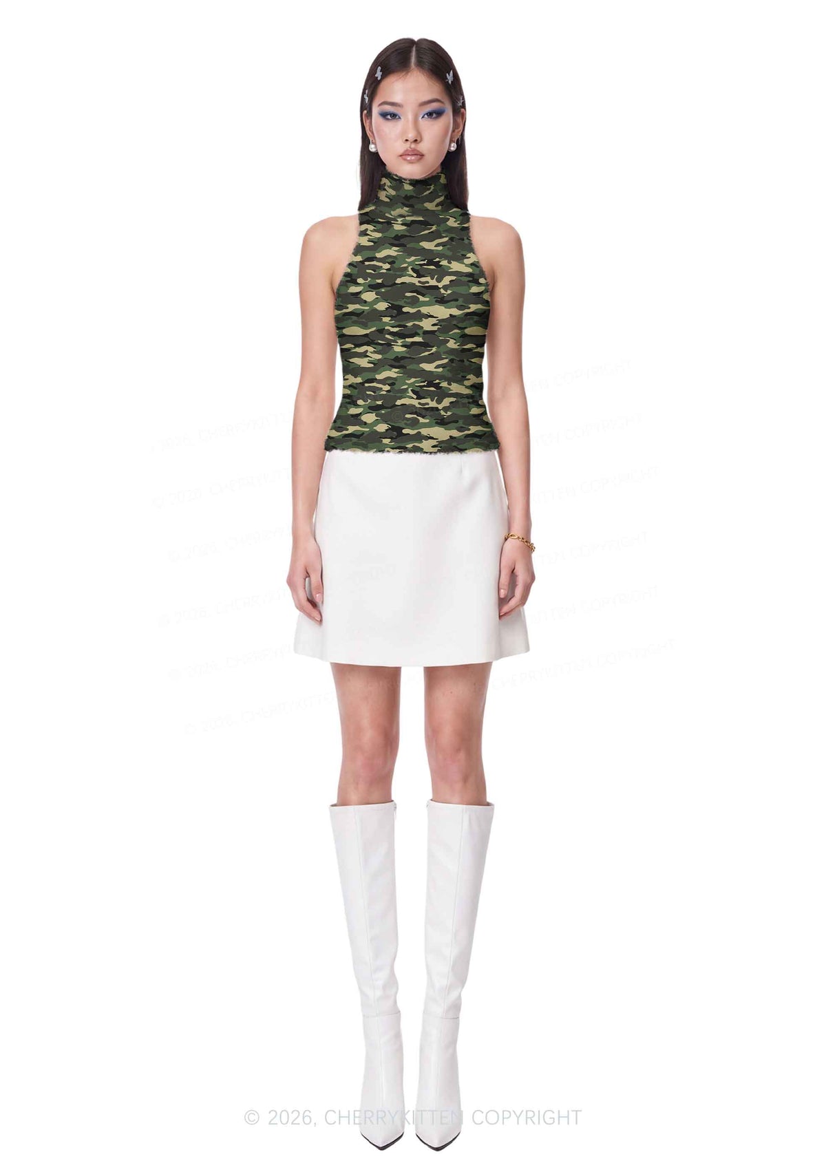 Classic Green Camo Y2K Knit Turtleneck Tank Top Cherrykitten