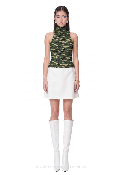 Classic Green Camo Y2K Knit Turtleneck Tank Top Cherrykitten