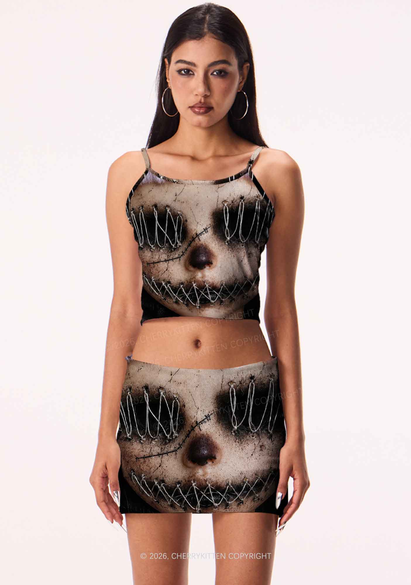 Halloween Metal Wire Face Y2K Print Mini Skirt Cherrykitten