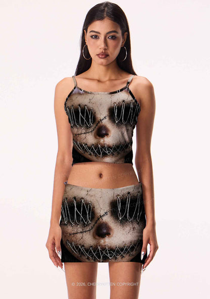 Halloween Metal Wire Face Y2K Print Mini Skirt Cherrykitten