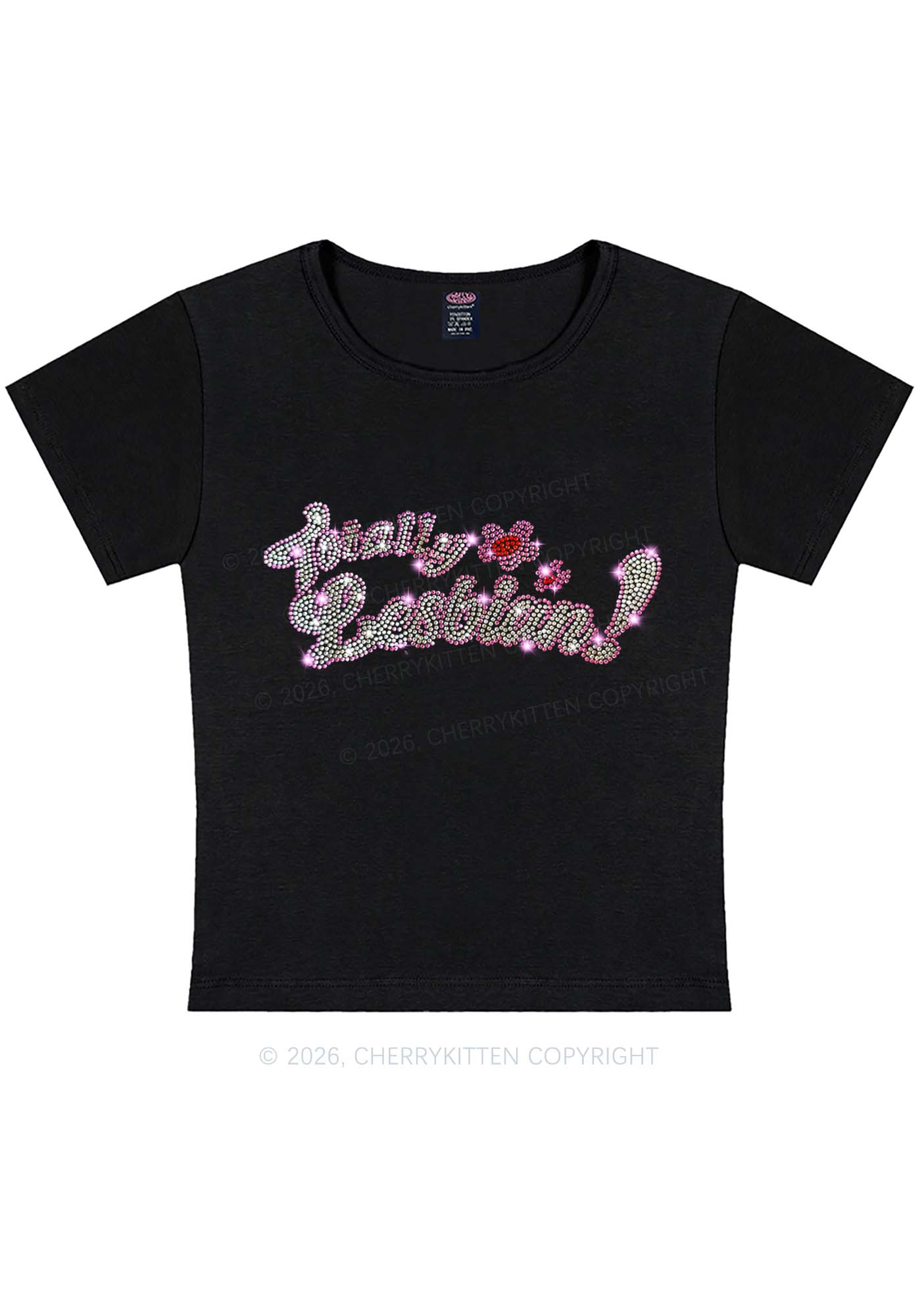 Rhinestone Totally Lesbian Pride Y2K Baby Tee Cherrykitten