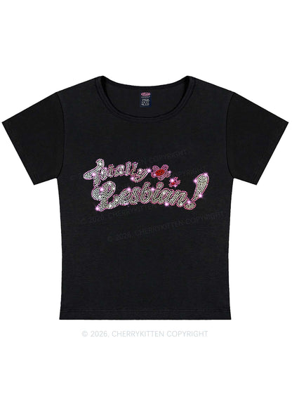 Rhinestone Totally Lesbian Pride Y2K Baby Tee Cherrykitten
