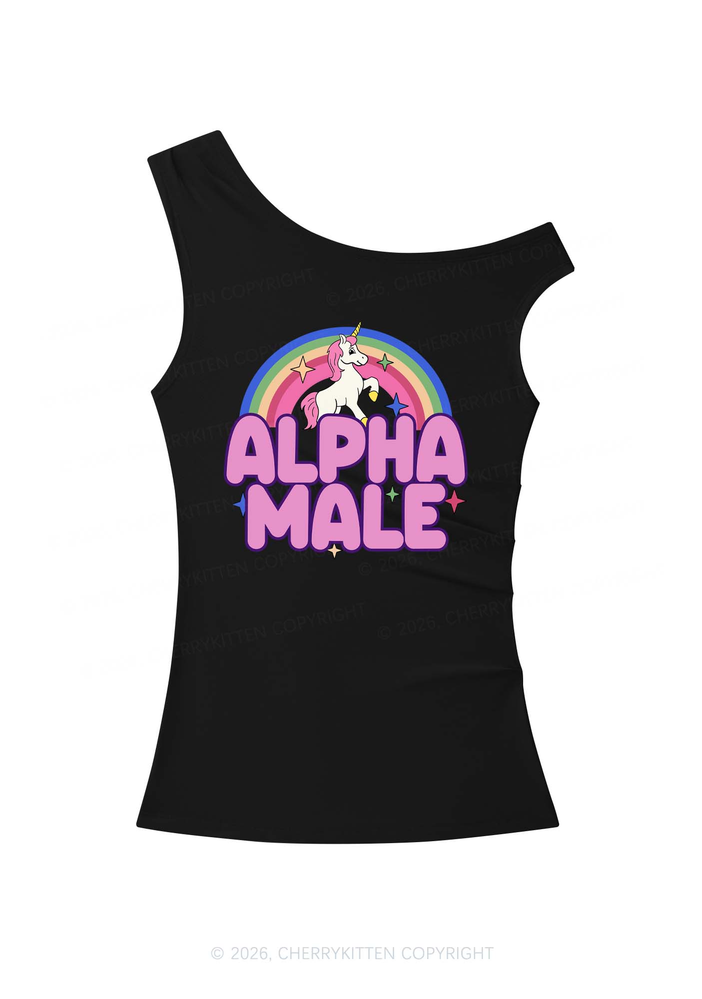 Rainbow Unicorn Alpha Male Y2K Off Shoulder Tank Top Cherrykitten