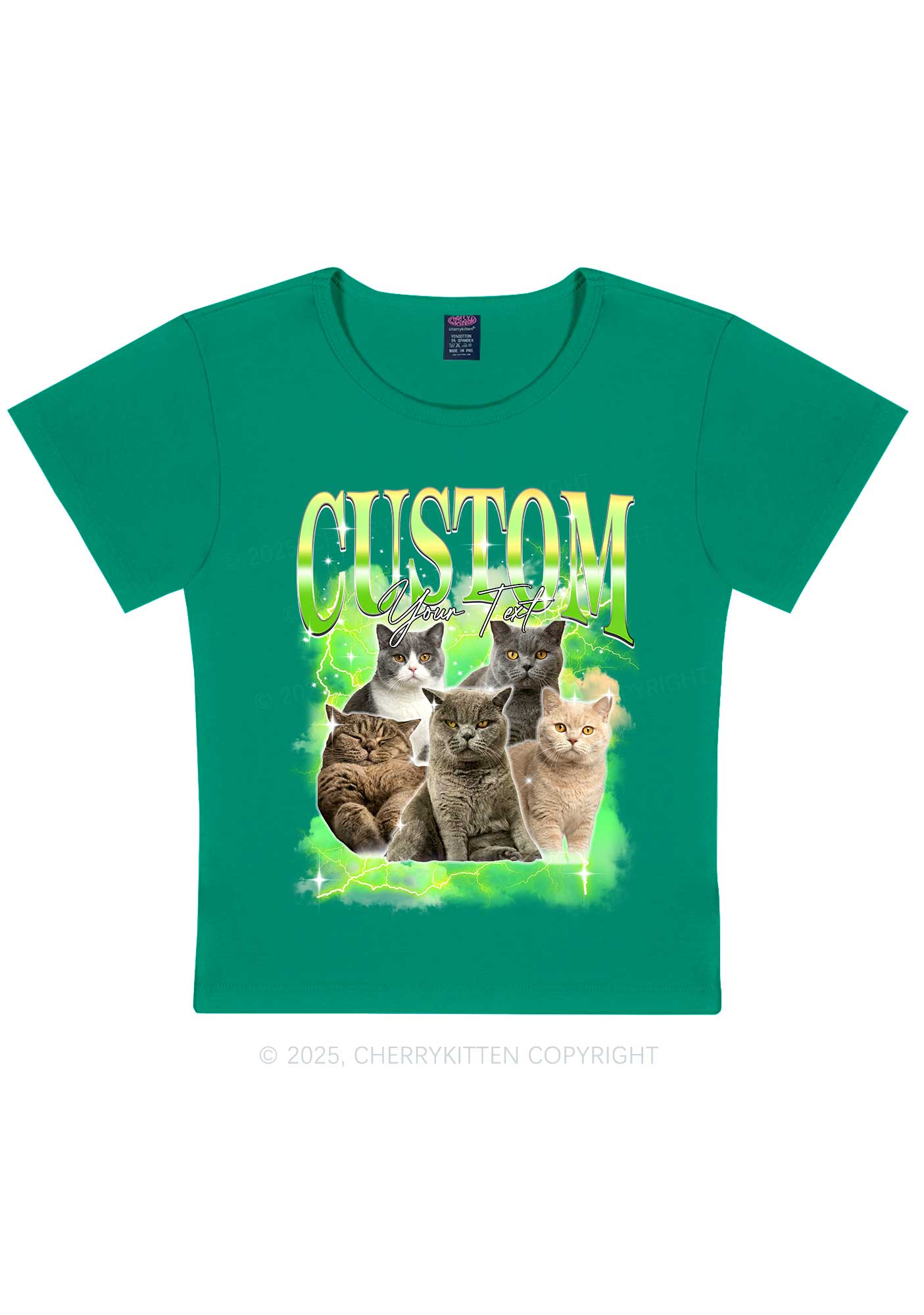 Custom Neon Lightning Cat Photo Y2K Baby Tee Cherrykitten
