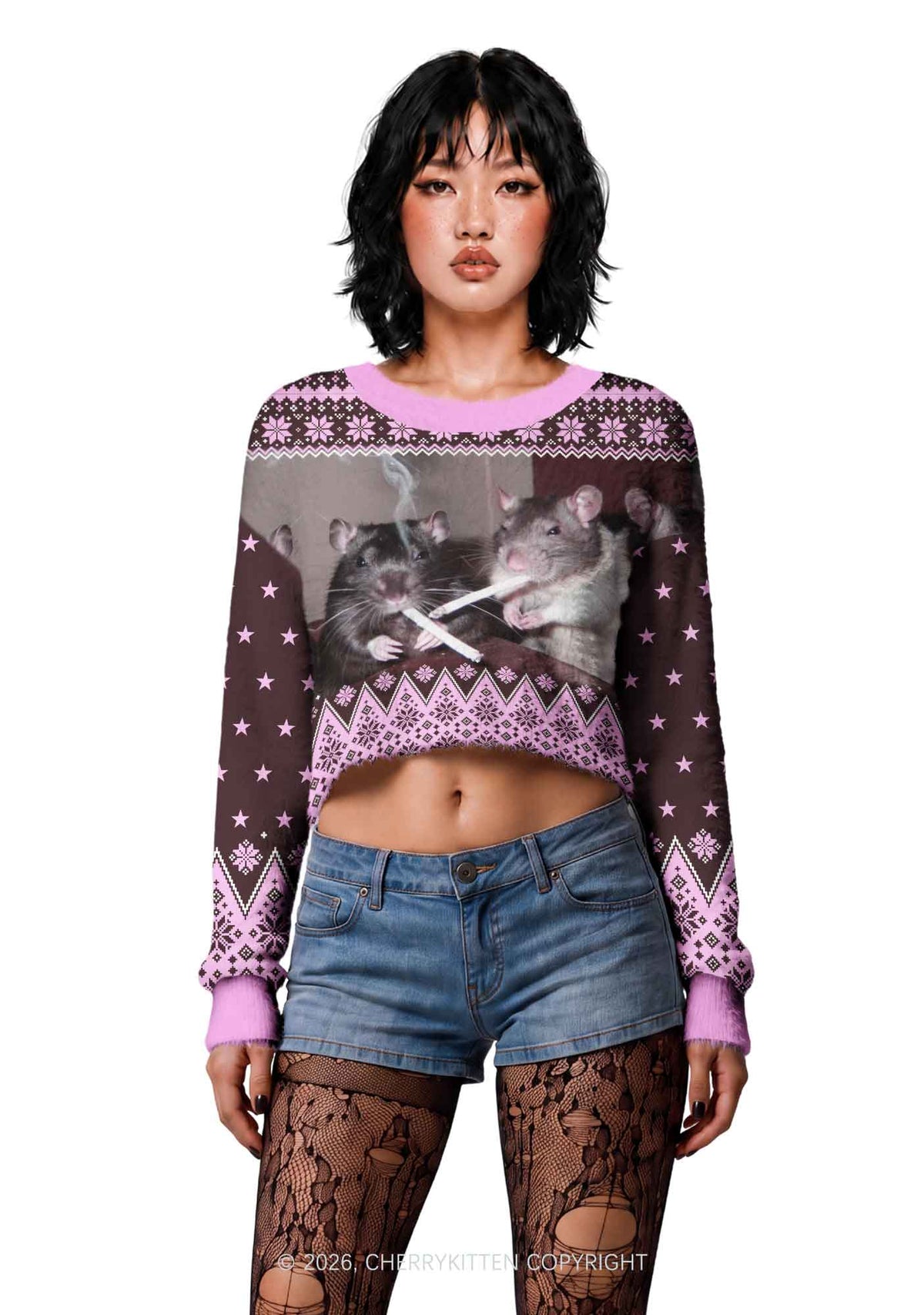 Brown Smoking Rats Y2K Christmas Crop Knit Sweatshirt Cherrykitten