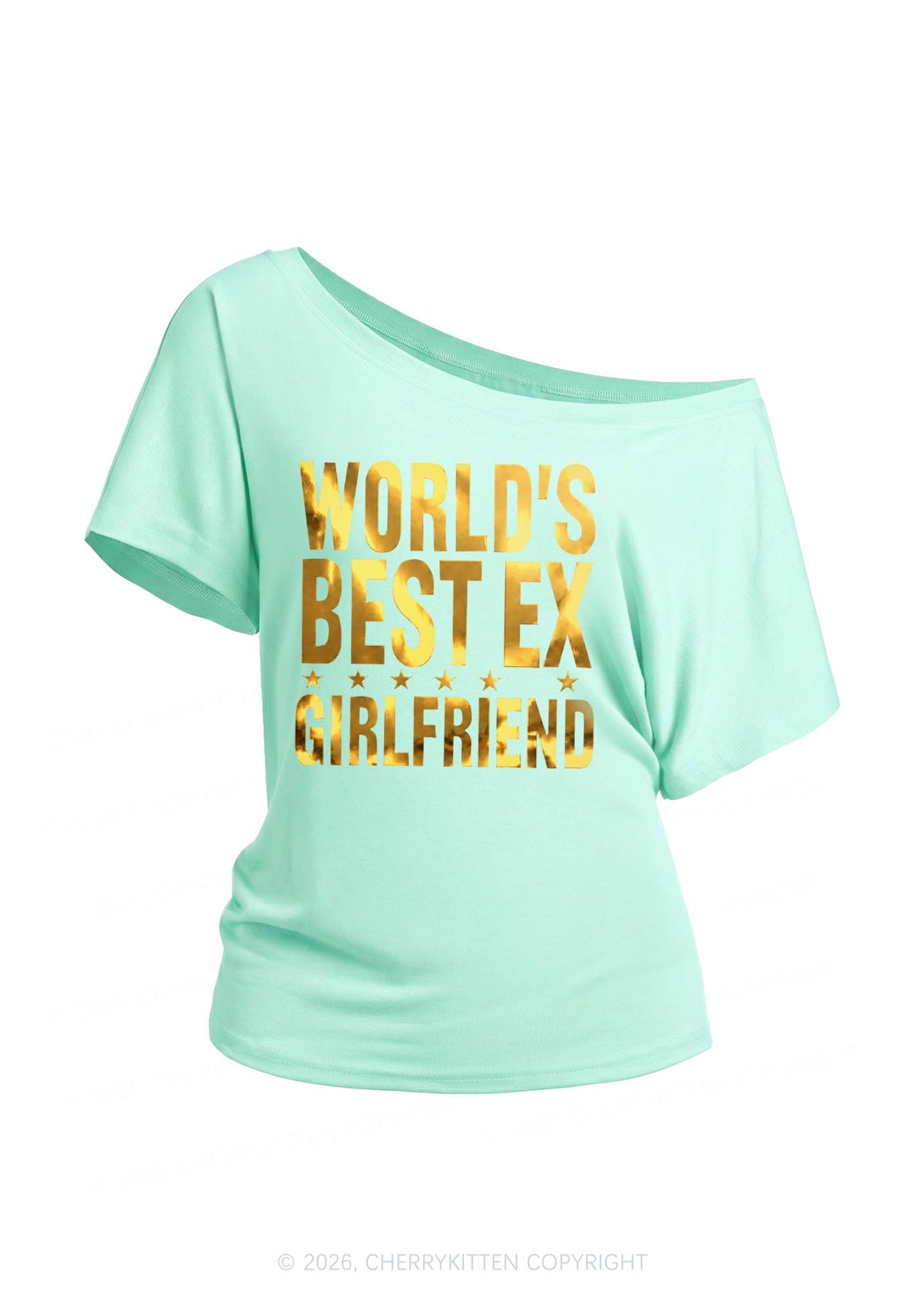 Best Ex Girlfriend Silver Foil Printed Y2K Off Shoulder Tee Cherrykitten