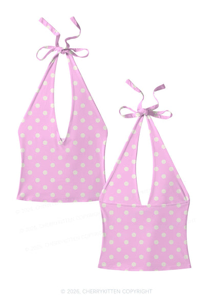 White Dots On Pink Y2K Print Halter Deep V Neck Cami Cherrykitten