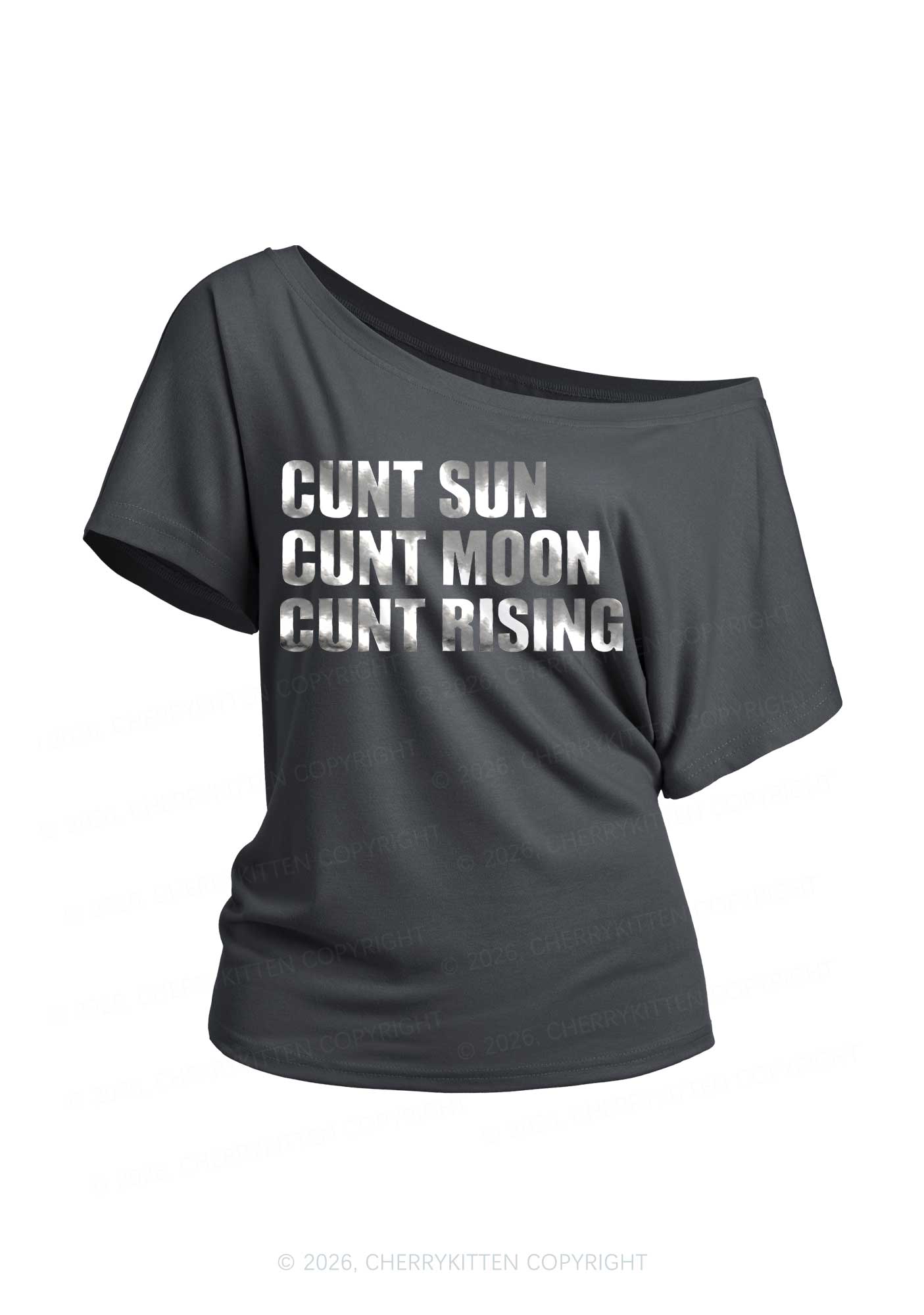Cxxt Sun Moon Rising Silver Foil Printed Y2K Off Shoulder Tee Cherrykitten