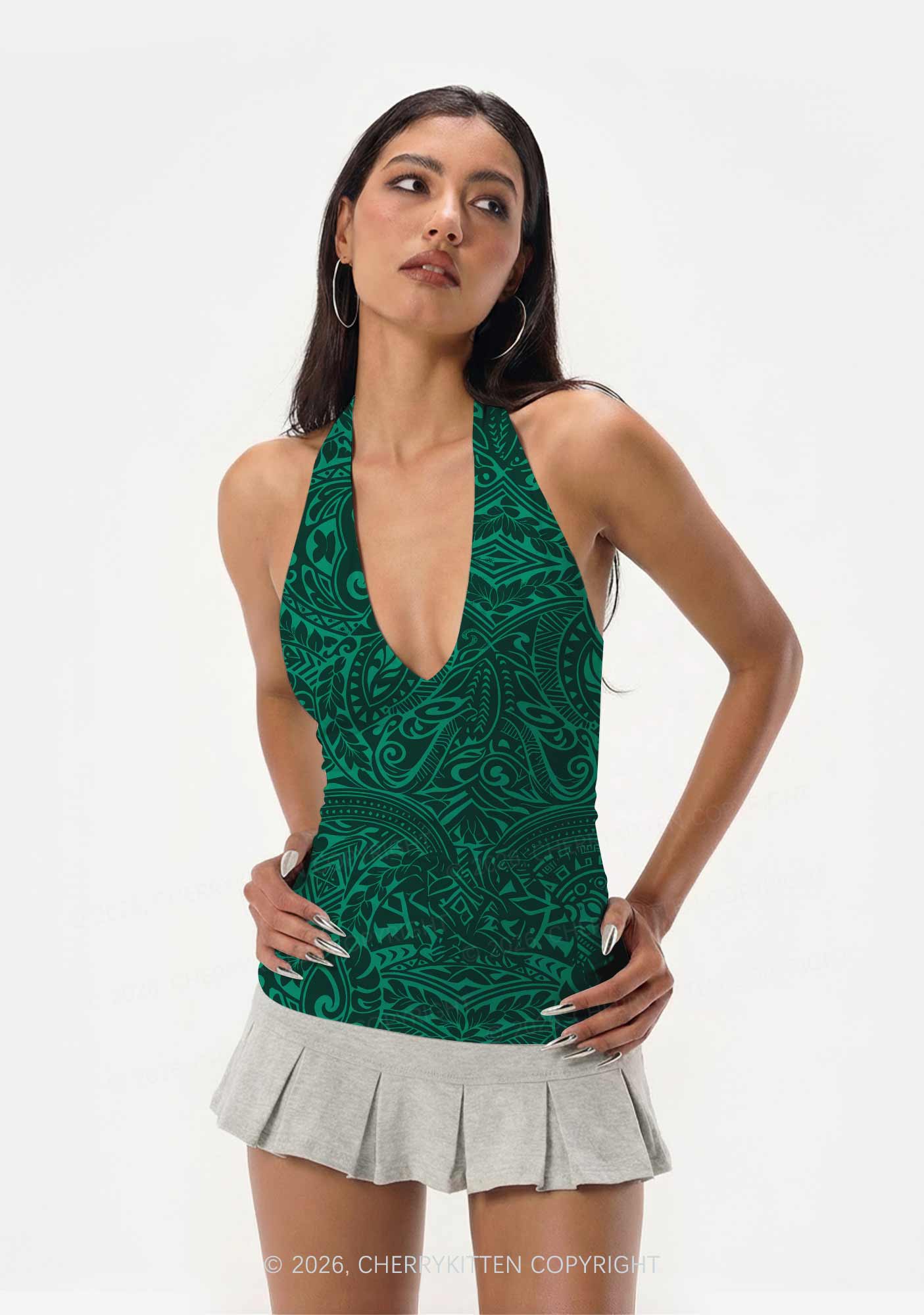 Green Swirl Leaf Y2K Print Halter Deep V Neck Cami Cherrykitten