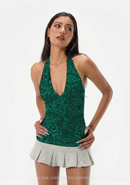 Green Swirl Leaf Y2K Print Halter Deep V Neck Cami Cherrykitten
