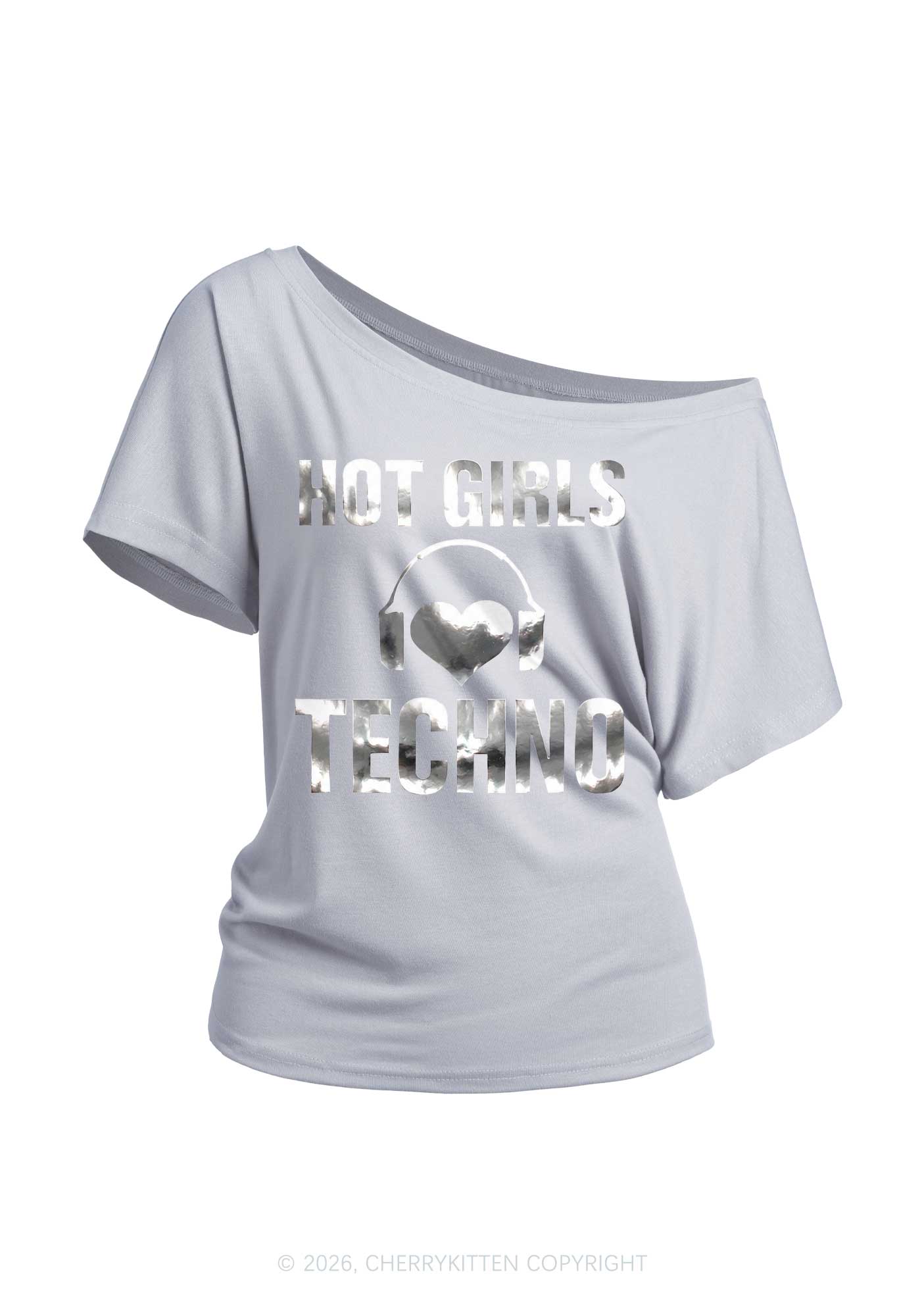Hot Girls Love Techno Silver Foil Printed Y2K Off Shoulder Tee Cherrykitten