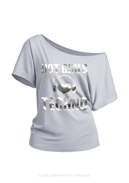 Hot Girls Love Techno Silver Foil Printed Y2K Off Shoulder Tee Cherrykitten