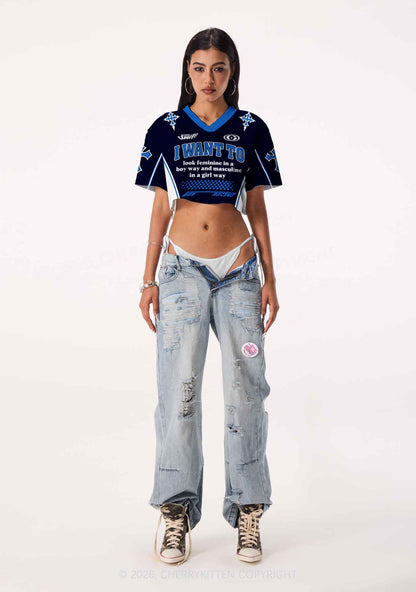 I Want To Feminine Masculine Pride Y2K Crop Sport Jersey Shirts Cherrykitten
