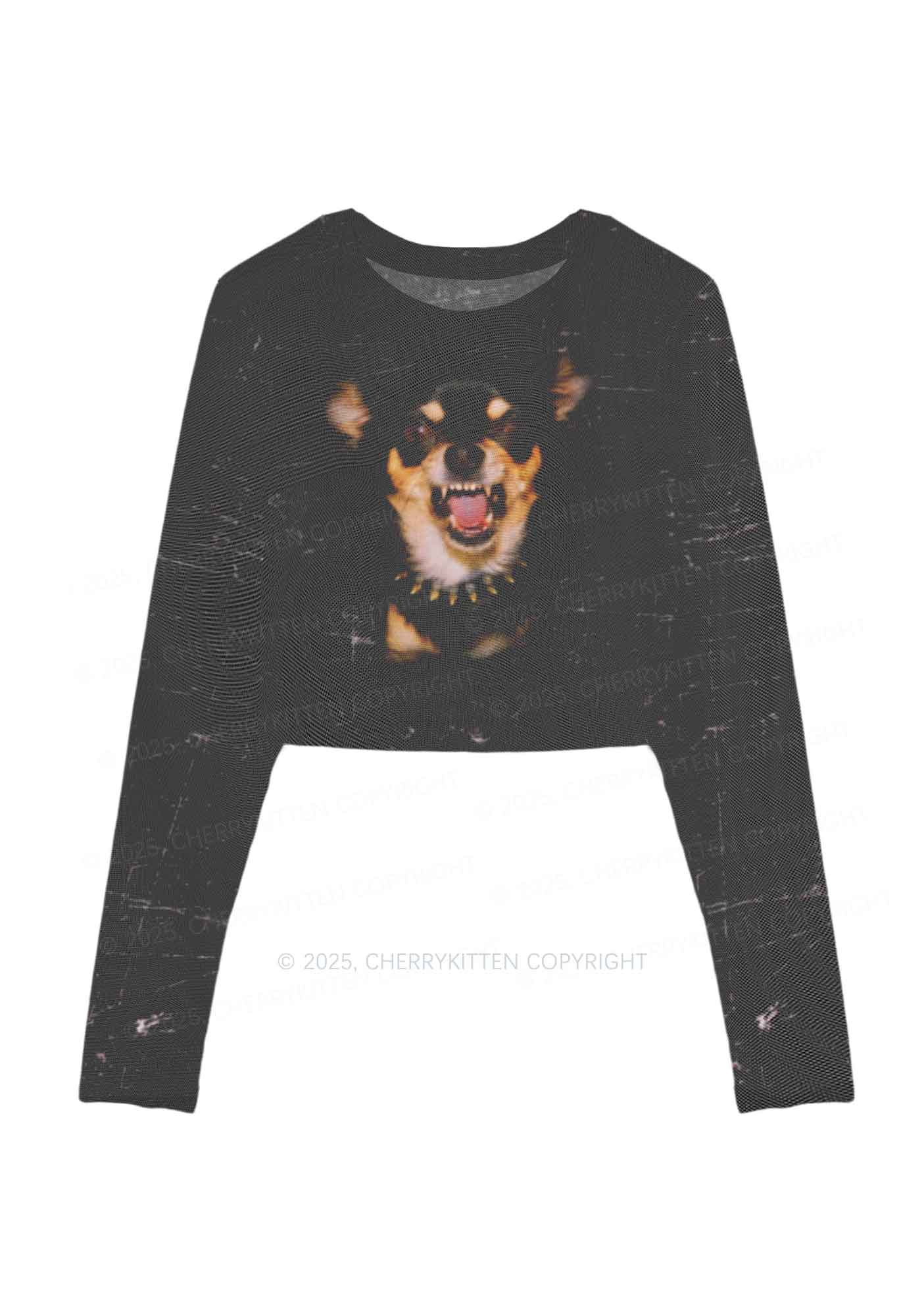 Growling Puppy Y2K Mesh Long Sleeve Crop Top Cherrykitten