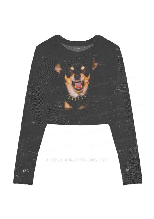 Growling Puppy Y2K Mesh Long Sleeve Crop Top Cherrykitten
