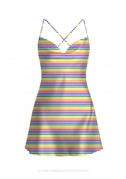 Rainbow Stripes Pride Y2K Print Satin Cowl Neck Slip Dress Cherrykitten