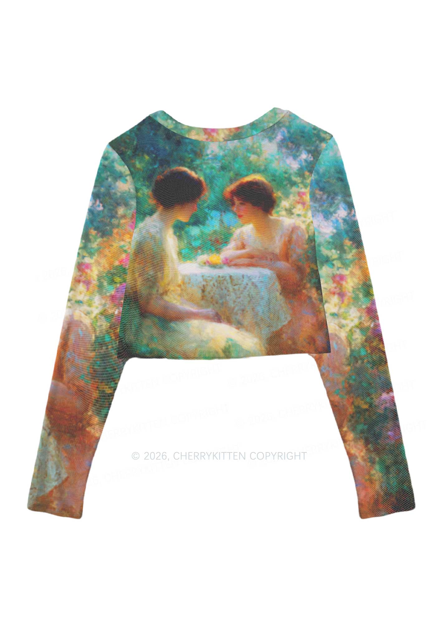 Garden Tea Scene Art Pride Y2K Mesh Long Sleeve Crop Top Cherrykitten