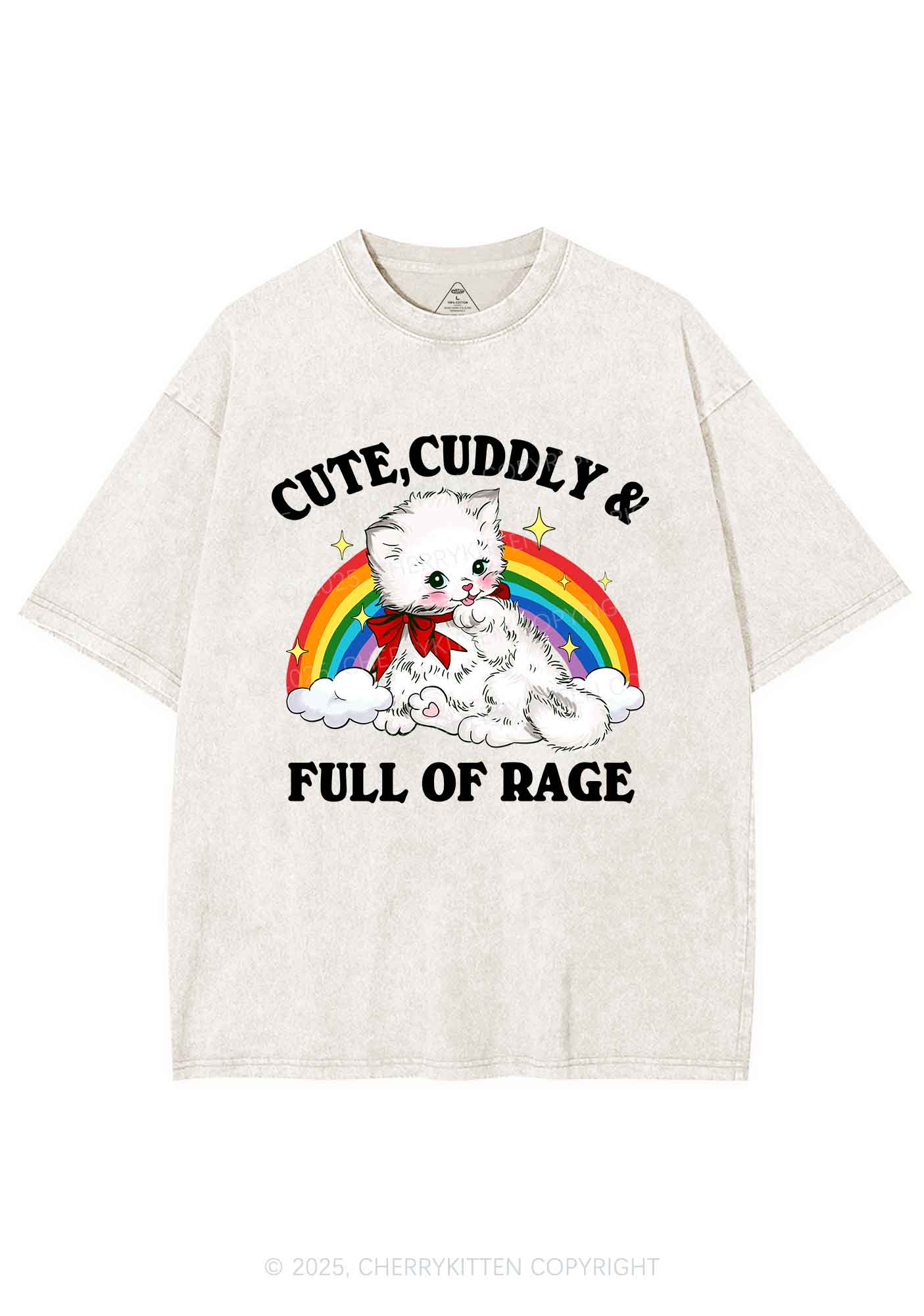 Cuddly Cat Full Of Rage Y2K Shirts Washed Tee Cherrykitten