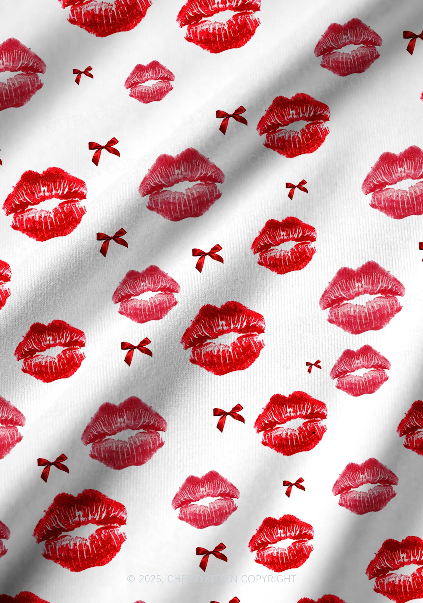 Red Lips Bows Y2K Print Long Sleeve Pajama Set Cherrykitten